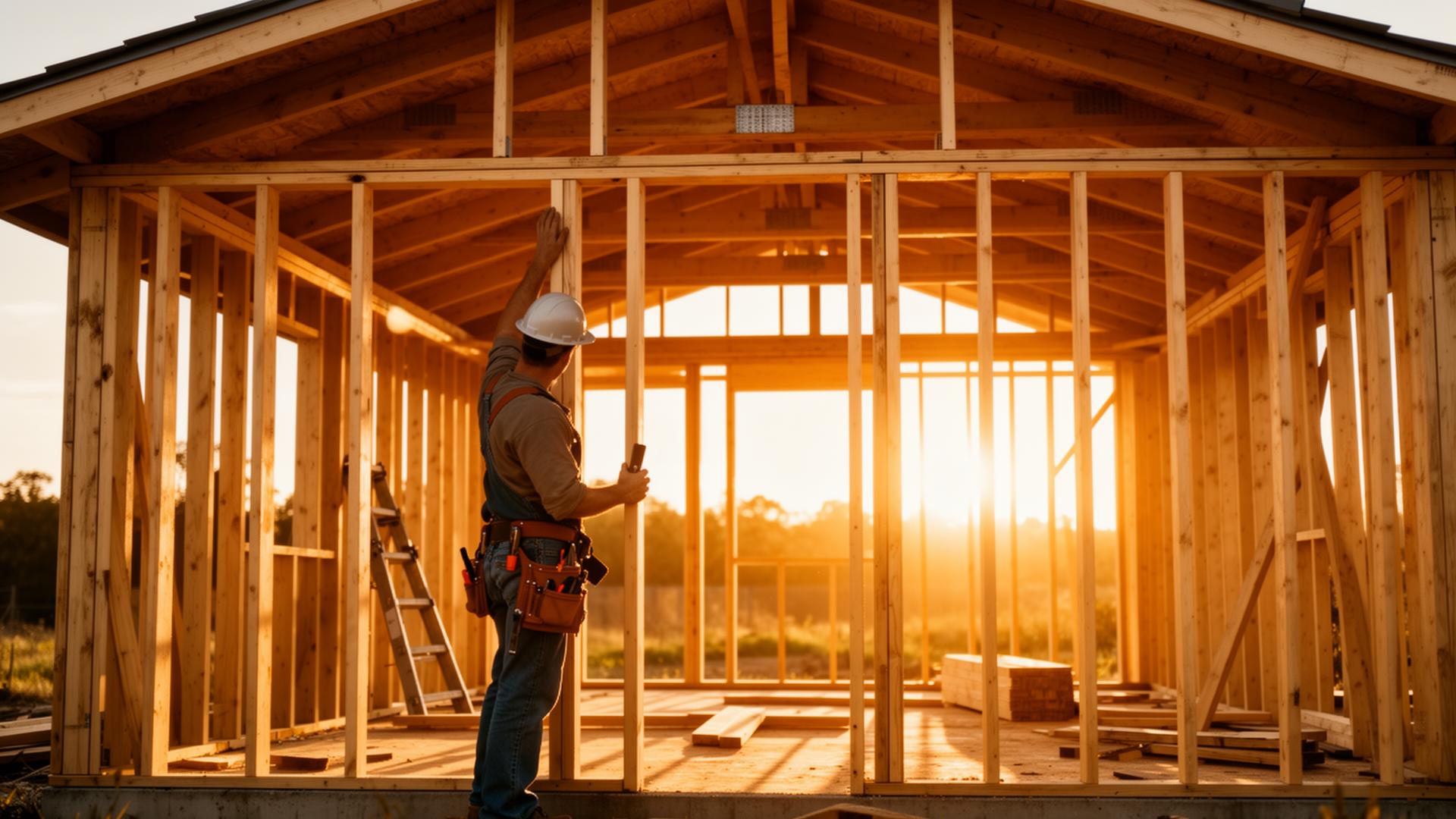 Carpenter framing a wooden house at golden hour